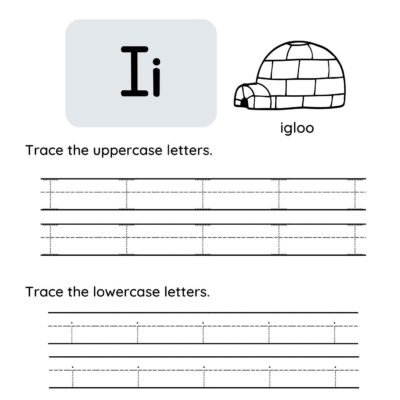 This Letter I tracing worksheet features uppercase and lowercase "I," a labeled igloo illustration, and tracing lines to help kids practice writing both forms of the letter.