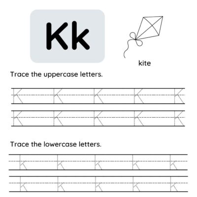 A worksheet showing the uppercase and lowercase letter "Kk," a drawing of a kite, tracing lines for practicing writing K and k, and the word "kite" labeled—ideal for pairing with a Letter I tracing worksheet.