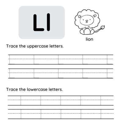 Worksheet for the letter L: shows uppercase and lowercase "L," a drawing of a lion, and lines for tracing uppercase and lowercase Ls—perfect to pair with a letter k tracing worksheet. The word "lion" is written below the drawing.