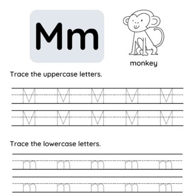 Worksheet for learning the letter M. Shows uppercase "M," lowercase "m," a drawing of a monkey, and tracing lines to practice writing uppercase and lowercase M—perfect companion to any Letter K tracing worksheet. The word "monkey" is printed under the drawing.