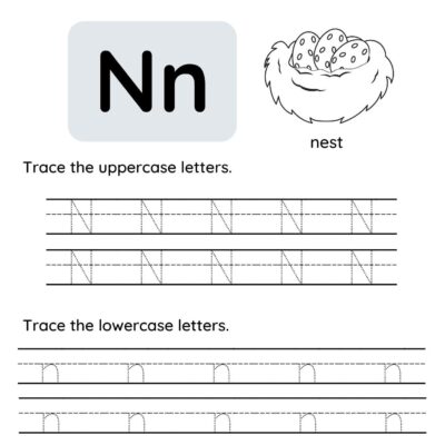 Letter n tracing worksheet: Features a large uppercase and lowercase "Nn," a drawing of a nest labeled "nest," plus practice lines for tracing uppercase and lowercase "N" and "n".