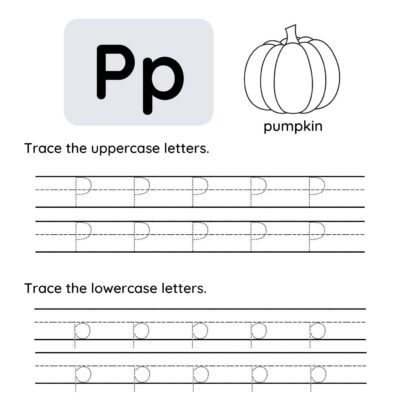 This Letter P tracing worksheet features uppercase and lowercase "Pp," a pumpkin illustration, and tracing lines for practicing writing both letter forms. Instructions guide students to trace each "P" for handwriting practice.