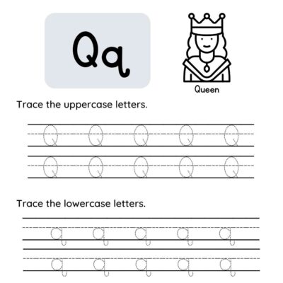 Tracing worksheet for the letter Q. It shows a capital and lowercase Q, an illustration of a queen, tracing lines for practicing both uppercase and lowercase Q—perfect to use alongside a Letter P tracing worksheet for learning the alphabet.