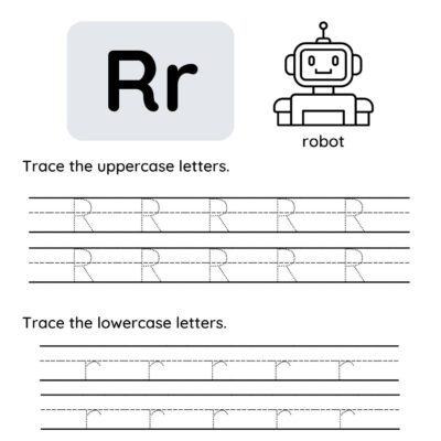 Tracing worksheet for the letter "Rr" featuring a robot illustration, uppercase and lowercase R tracing lines, and the word "robot" below. Complements any Letter Q tracing worksheet collection for early learners.
