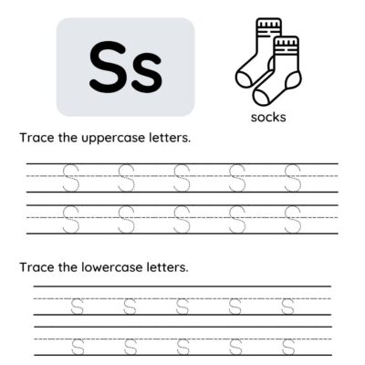 Tracing worksheet for the letter "S." Shows uppercase and lowercase "S," an illustration of socks labeled "socks," and lines for tracing both uppercase and lowercase "S." Complements our Letter Q tracing worksheet collection.