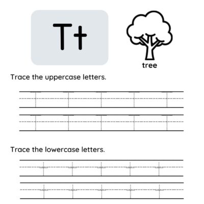 Worksheet for learning the letter T. Similar to a Letter Q tracing worksheet, it shows uppercase and lowercase T, a drawing of a tree labeled "tree," and tracing lines for practicing writing both uppercase and lowercase T.