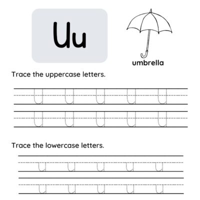Worksheet for the letter "Uu" with a drawing of an umbrella. Includes uppercase and lowercase "U" tracing lines for handwriting practice, and the word "umbrella" below the drawing.