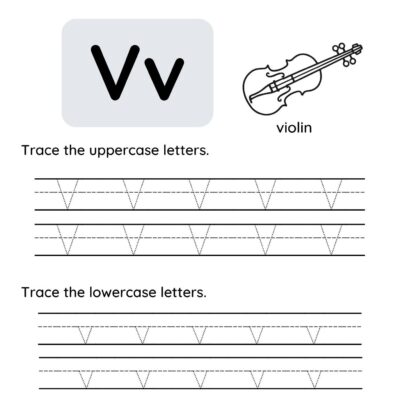 Letter V tracing worksheet with a large and small letter "Vv," an illustration of a violin, the word "violin," tracing lines for practicing uppercase and lowercase "V" handwriting.