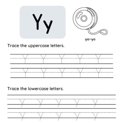 Letter Y tracing worksheet: shows uppercase and lowercase Y, an image of a yo-yo, and tracing lines for practicing writing uppercase and lowercase Y.