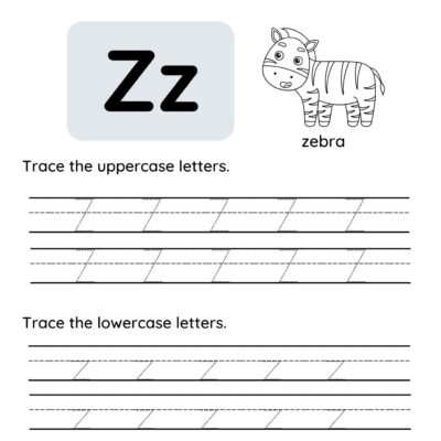 Letter Z tracing worksheet featuring uppercase and lowercase Zz, a cartoon zebra, and tracing lines for kids to practice writing both letter forms. Text prompts guide children as they trace and learn the letter Z.