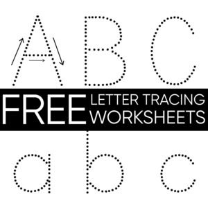 A sample from free letter tracing worksheets featuring dotted outlines of uppercase and lowercase letters A, B, and C for tracing, labeled "FREE LETTER TRACING WORKSHEETS" in a bold black banner—perfect for practicing with engaging letter tracing worksheets.