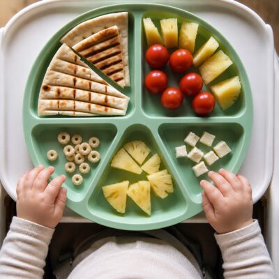 A child’s hands hold a divided green plate: perfect for toddler breakfast ideas—filled with pita slices, cherry tomatoes, pineapple pieces, cereal rings, and small cheese cubes.