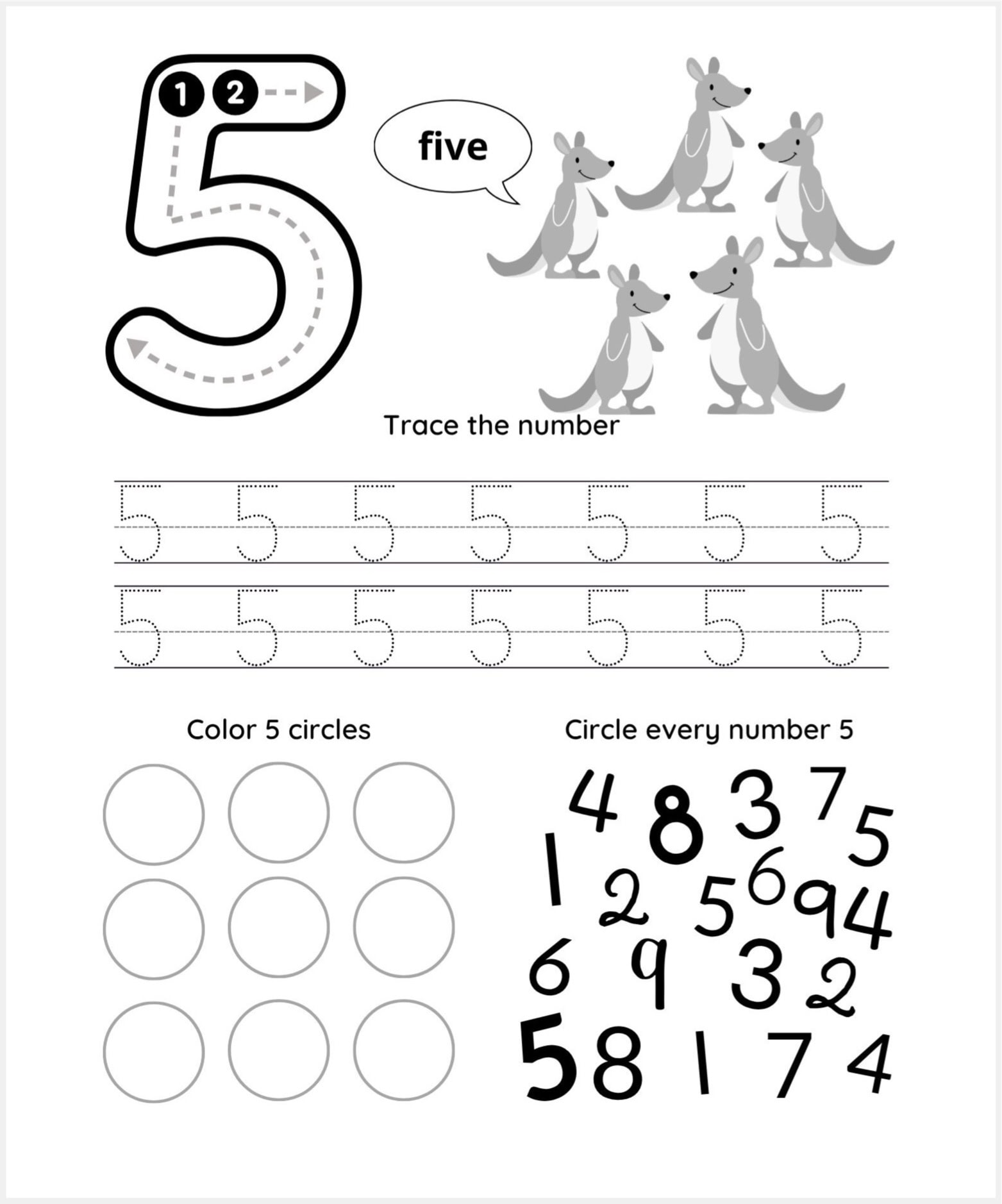 Worksheet for learning number 5: This engaging number 5 tracing sheet includes activities such as tracing, counting kangaroos, coloring 5 circles, and circling all number 5s among other numbers.