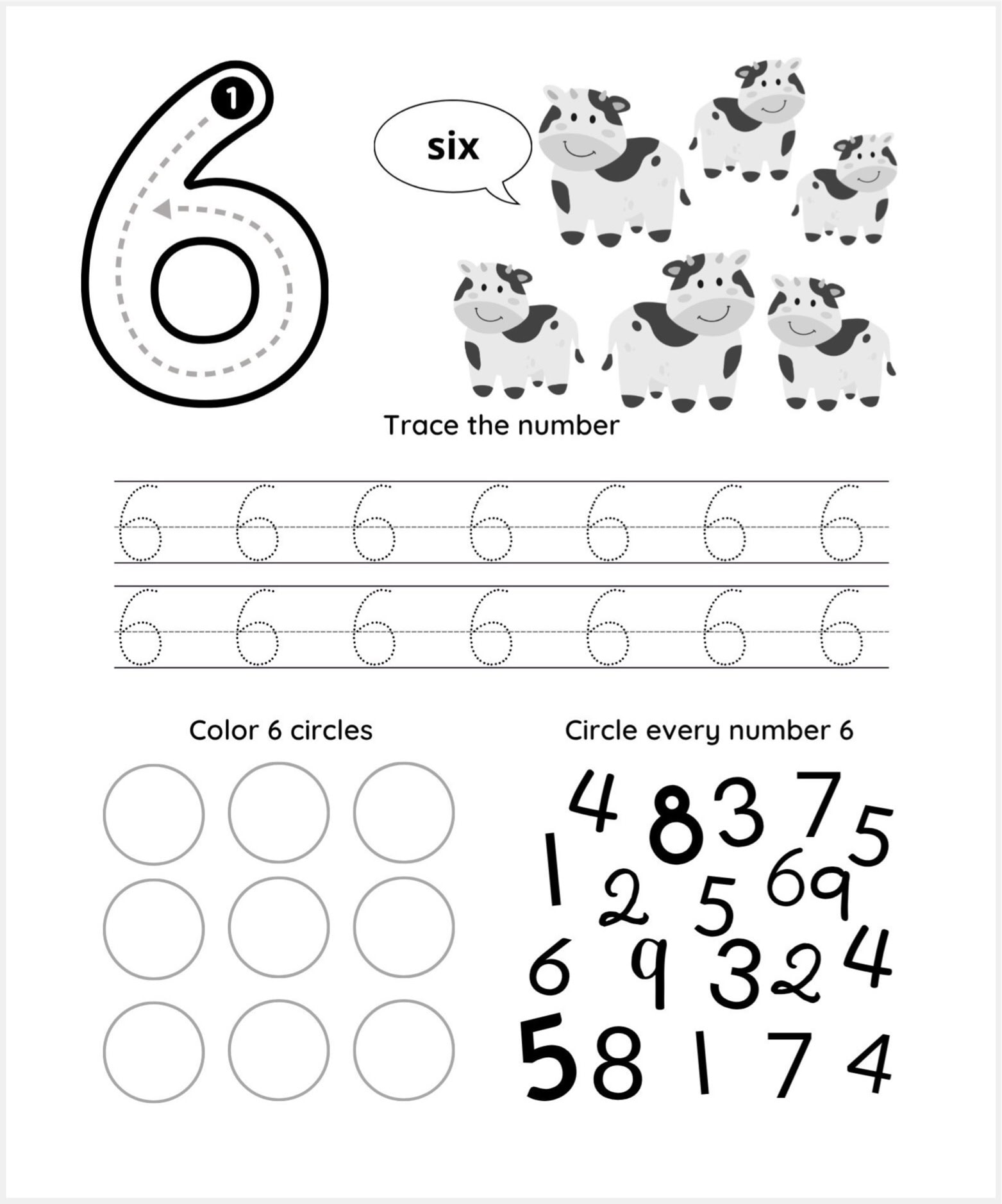 Free number 6 tracing sheet featuring a traceable number, six cartoon cows, a "six" speech bubble, tracing line, six blank circles, and engaging mixed numbers for kids to find all the 6s.