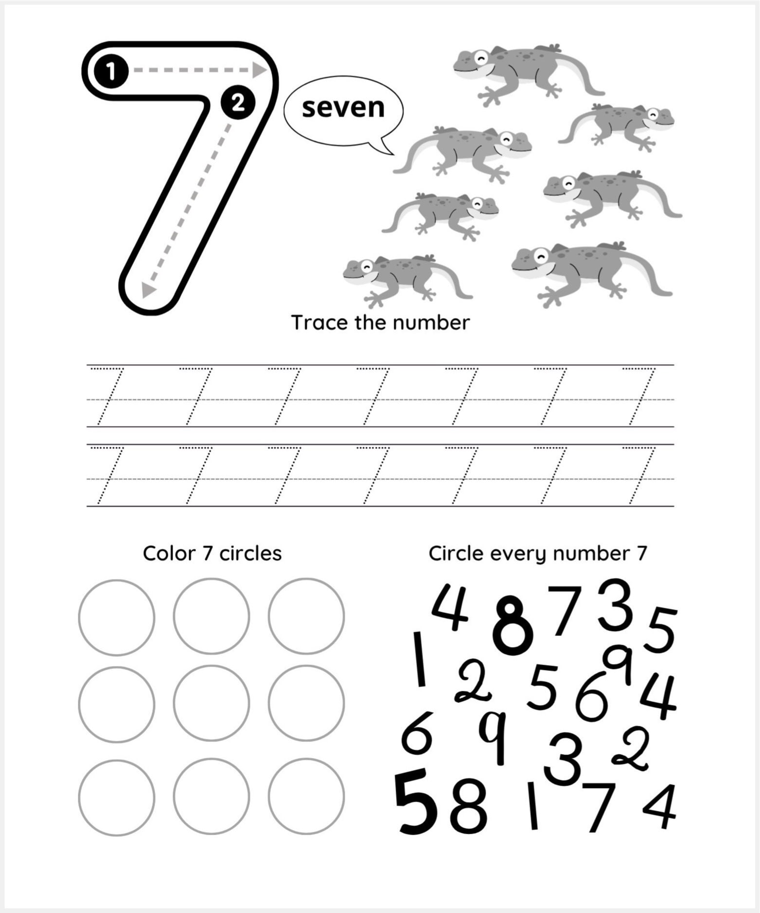 A number 7 tracing worksheet designed for young learners, featuring activities such as tracing the number 7, counting 7 lizards, coloring 7 circles, and circling every number 7 among other numbers.