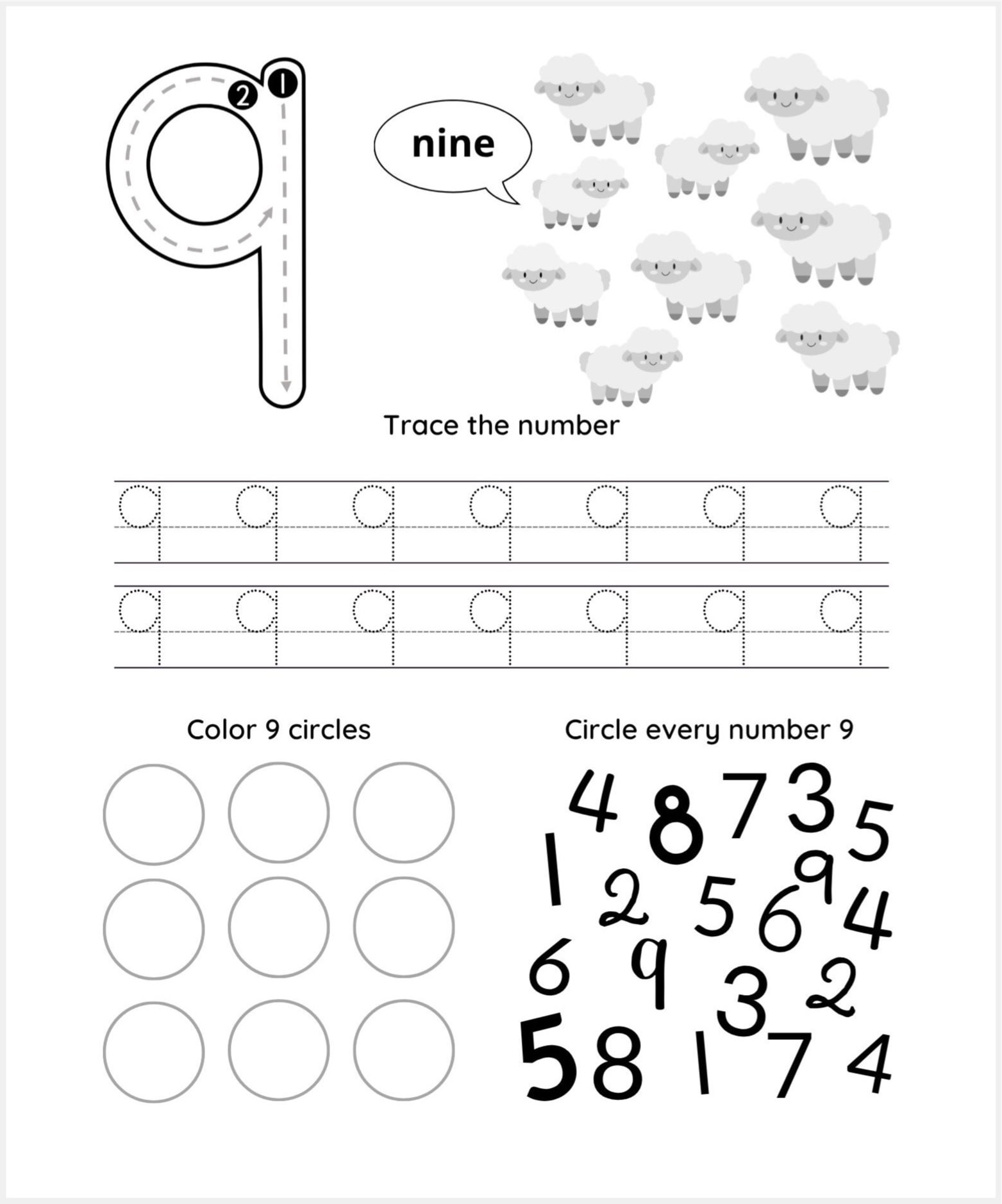 Number 9 tracing sheet: a printable orksheet for learning the number 9, featuring tracing activities, counting nine sheep, coloring nine circles, and circling every number 9 among other numbers.