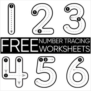 Numbers 1 to 6 with dotted lines and arrows showing how to trace each digit. Text reads "FREE NUMBER TRACING WORKSHEETS" in bold black and white blocks. Perfect for practicing numbers 1 to 9, these free number tracing worksheets help young learners build essential writing skills.