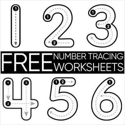 Numbers 1 to 6 with dotted lines and arrows showing how to trace each digit. Text reads "FREE NUMBER TRACING WORKSHEETS" in bold black and white blocks. Perfect for practicing numbers 1 to 9, these free number tracing worksheets help young learners build essential writing skills.