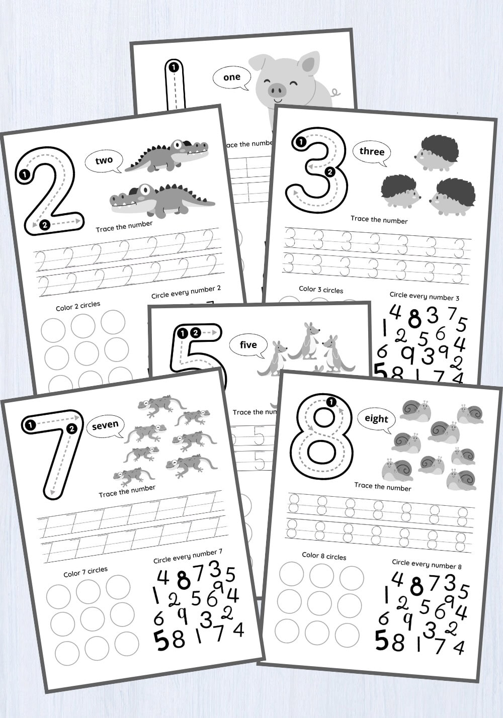 Six black-and-white number tracing worksheets for kids teach numbers one, two, three, five, seven, and eight with tracing, coloring, and counting exercises. Each page shows animals and corresponding numbers of objects to match. These free worksheets are perfect for practicing numbers 1 to 9 in a fun and engaging way.