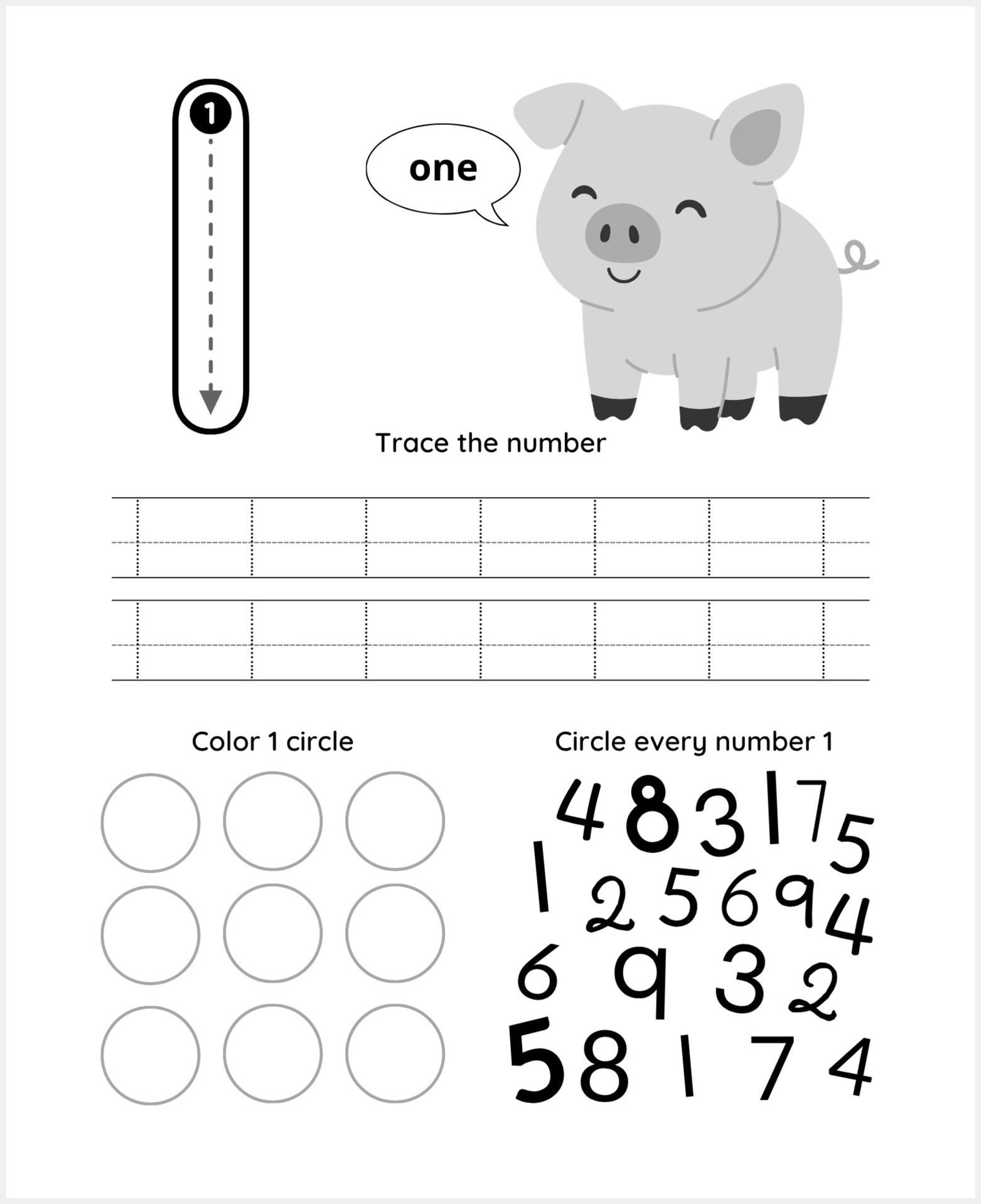 Free Number 1 Tracing Sheet featuring a cute pig, the word "one," a tracing area for number 1, circles to color, and a mix of numbers where children can find and circle all the 1s.