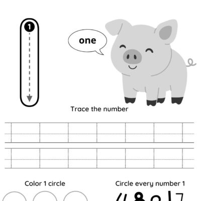 Free number 1 Tracing workheet featuring a pig illustration, tracing section for the number 1, a speech bubble that says "one," and circles and numbers for coloring and identifying the number 1.