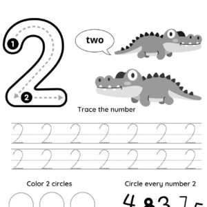 This black and white Number 2 tracing sheet features the number 2, dotted tracing lines, two cartoon alligators, clear instructions to trace the number, color 2 circles, and circle every number 2 among other numbers on the page.