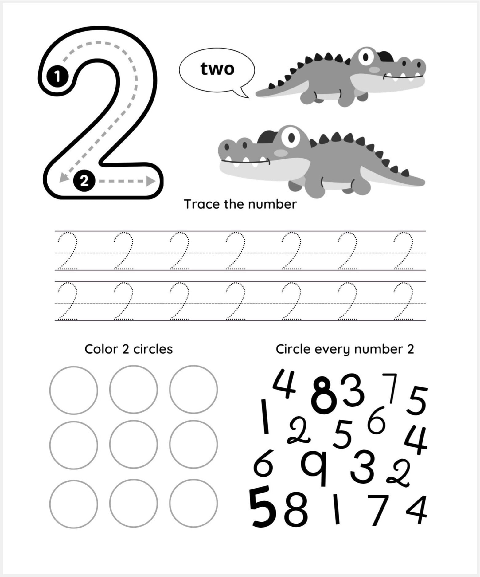 A fun Number 2 tracing sheet designed to help children learn the number 2 through tracing, counting, and circling activities, featuring adorable cartoon alligators and numbers.