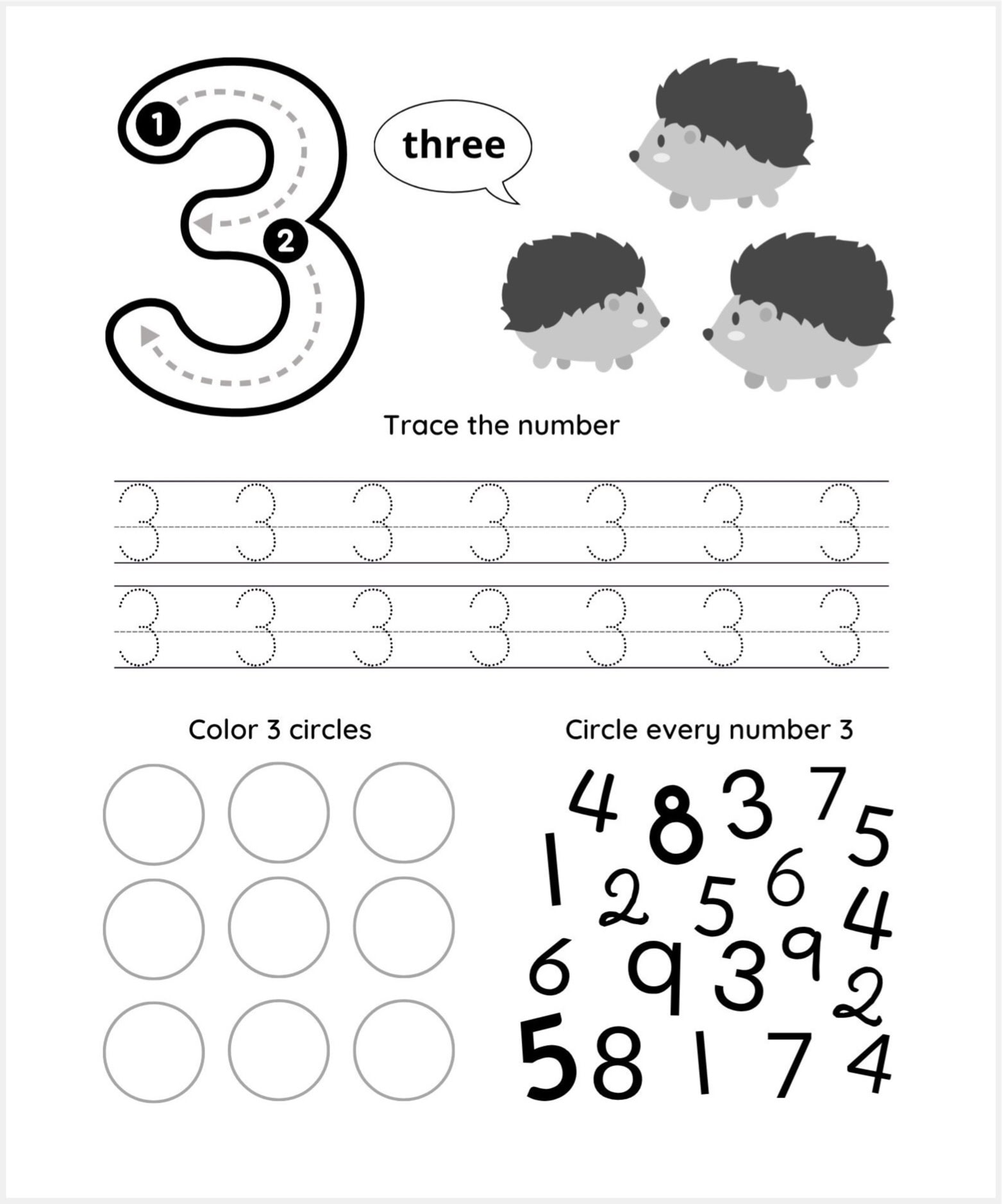 Preschool worksheet for number 3 with number 3 tracing, counting three hedgehogs, coloring three circles, and circling every number 3 among other numbers. This free tracing sheet is perfect for early learners to practice their counting and handwriting skills.