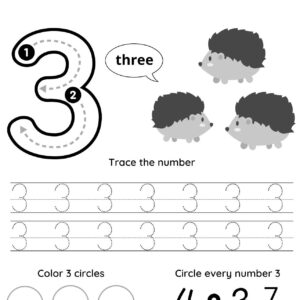 Number 3 tracing worksheet for kids featuring the number 3, with tracing lines, the word "three," three hedgehogs, circles to color, and instructions to circle every number 3 on the page. This free tracing sheet makes learning numbers fun and engaging!.
