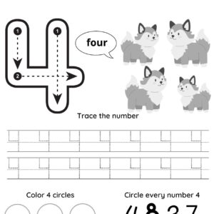 Number 4 tracing sheet featuring four adorable cartoon dogs, tracing practice for number 4, four circles to color, and a fun section to find and circle every number 4.
