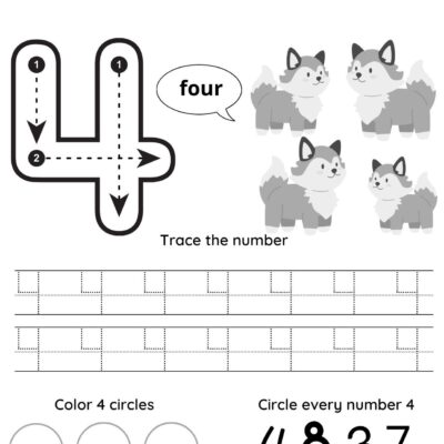 Number 4 tracing sheet featuring four adorable cartoon dogs, tracing practice for number 4, four circles to color, and a fun section to find and circle every number 4.