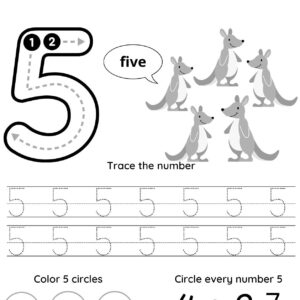 Large number 5 with tracing arrows, five cartoon kangaroos, the word “five,” rows for tracing the number 5, circles to color, and a section to circle every number 5 among other numbers. This black and white worksheet is perfect as a number 5 tracing sheet for early learners.