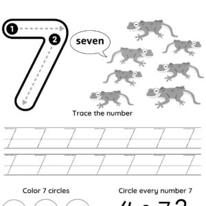 A Number 7 tracing sheet featuring the number 7, seven cartoon lizards, tracing practice for the number 7, and activities to color 7 circles and circle every number 7.