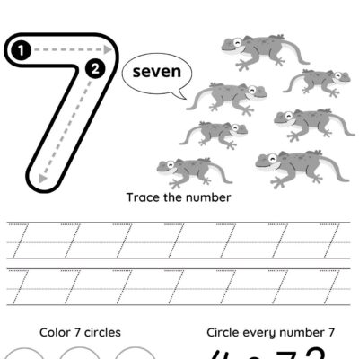A Number 7 tracing sheet featuring the number 7, seven cartoon lizards, tracing practice for the number 7, and activities to color 7 circles and circle every number 7.