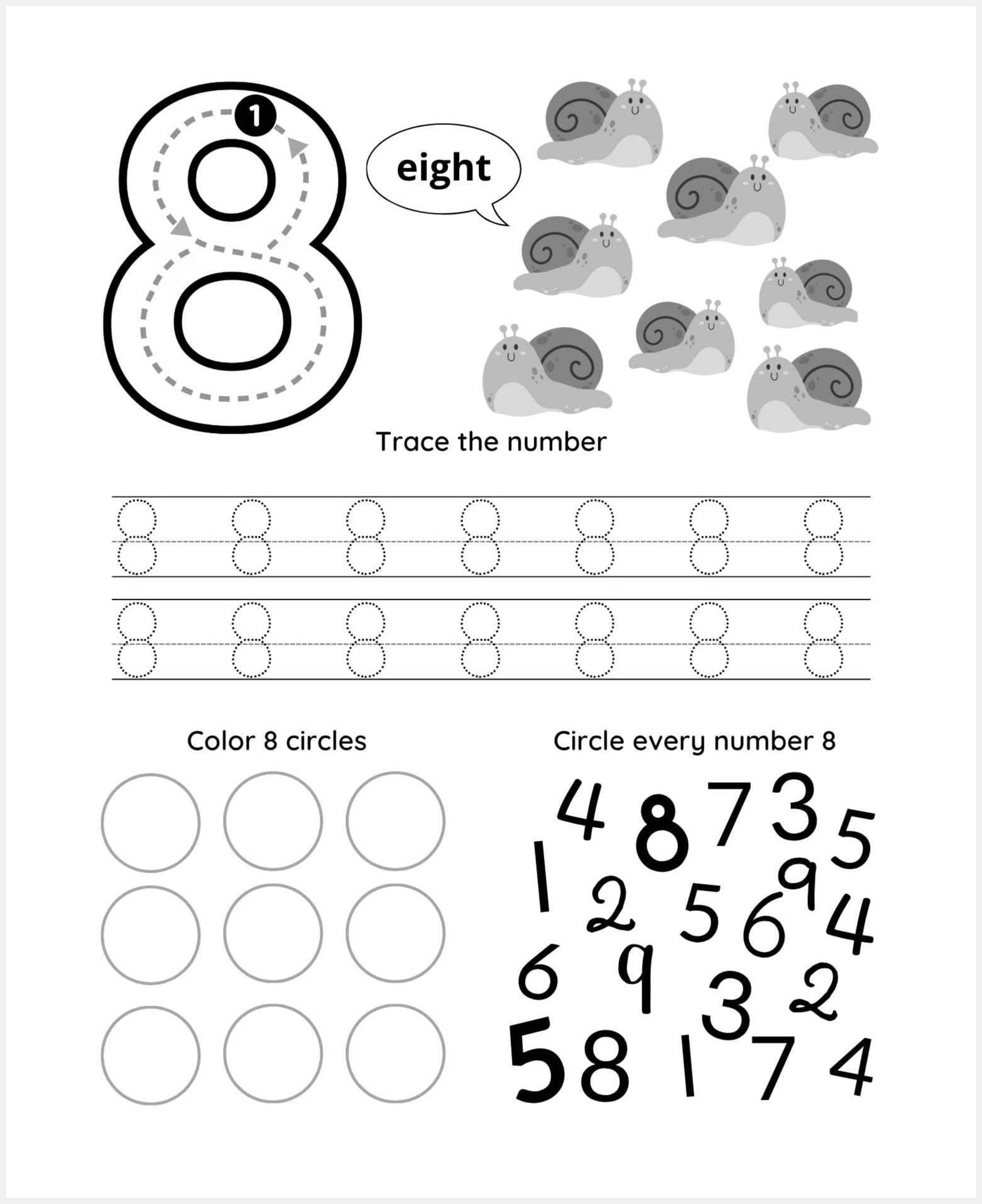 Number 8 tracing worksheet: Worksheet for the number 8—trace eight, count 8 snails, color 8 circles, and circle every number 8 among other numbers.