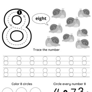 A number 8 tracing worksheet for learning features a large traceable 8, the word “eight,” eight snails, tracing lines for practice, and instructions to color 8 circles and circle every number 8 shown.