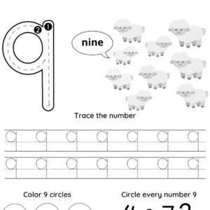 A fun and educational Number 9 tracing sheet: this printable black and white worksheet helps children learn the number nine by tracing the digit 9, reading a speech bubble saying "nine," counting nine cartoon sheep, practicing in boxes for tracing, and following instructions to color 9 circles and circle every number 9.