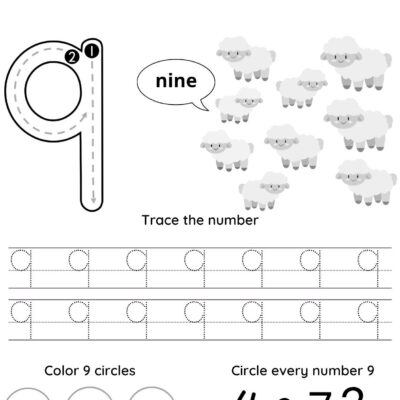 A fun and educational Number 9 tracing sheet: this printable black and white worksheet helps children learn the number nine by tracing the digit 9, reading a speech bubble saying "nine," counting nine cartoon sheep, practicing in boxes for tracing, and following instructions to color 9 circles and circle every number 9.