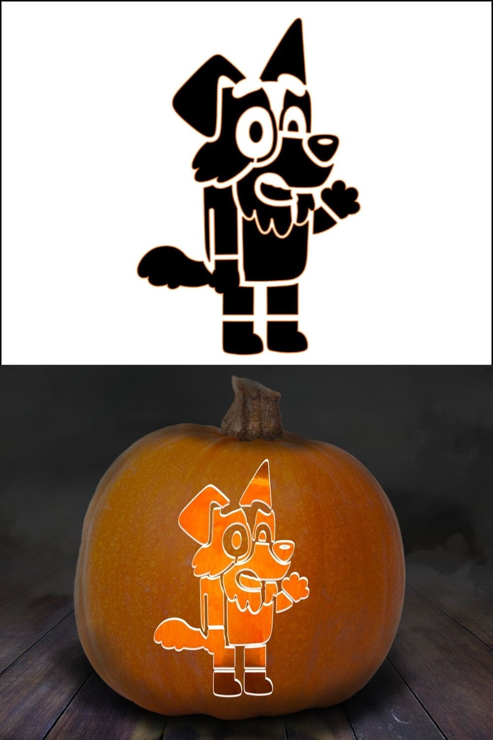 A pumpkin carved with the outline of a cartoon dog, created using bluey pumpkin stencils, is shown in black and white above and glowing on the actual pumpkin below.
