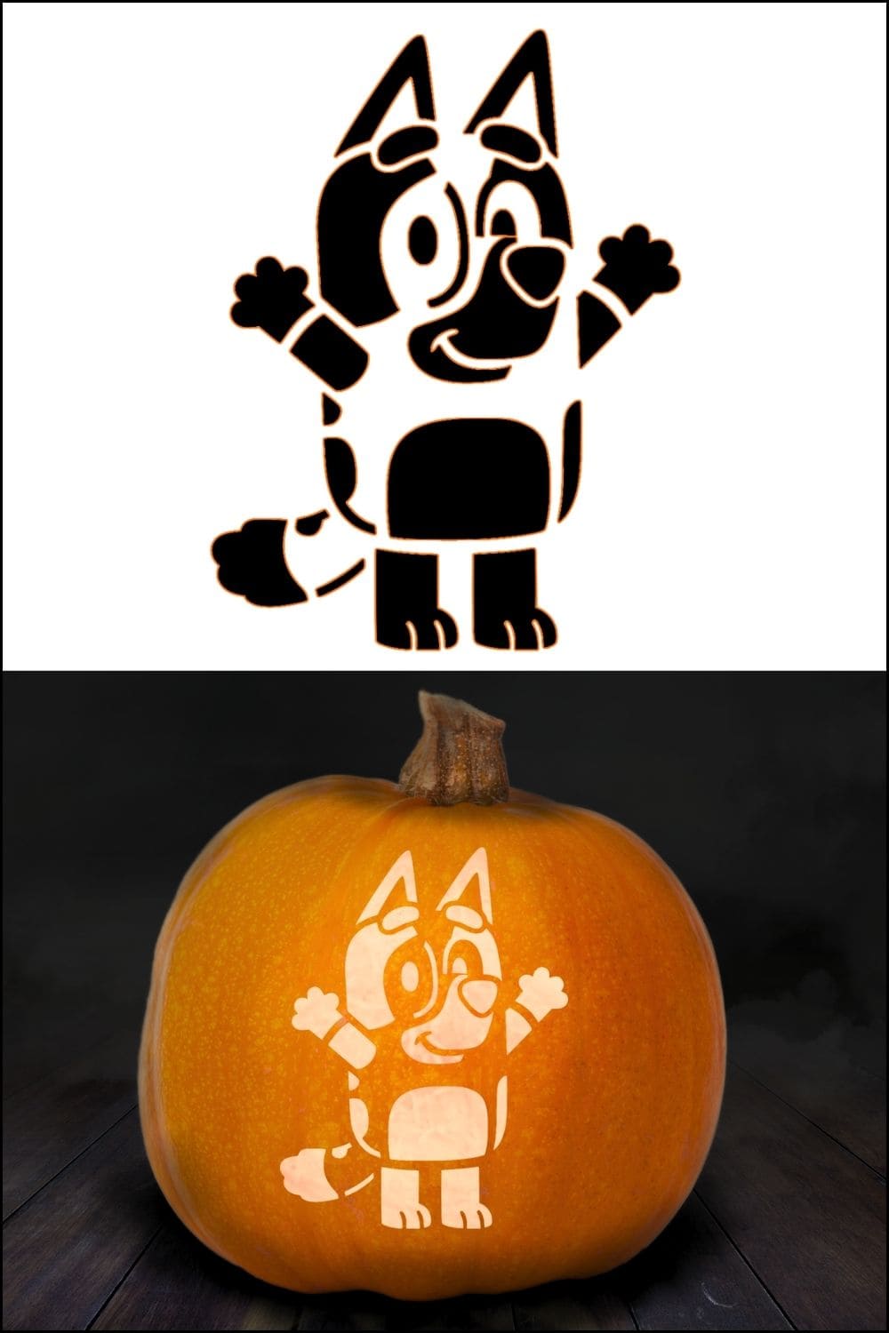 Black and white stencil of a cartoon dog above a pumpkin carved with the same character, inspired by bluey pumpkin stencils. The carving shows the dog standing with arms raised, smiling as light glows from within.