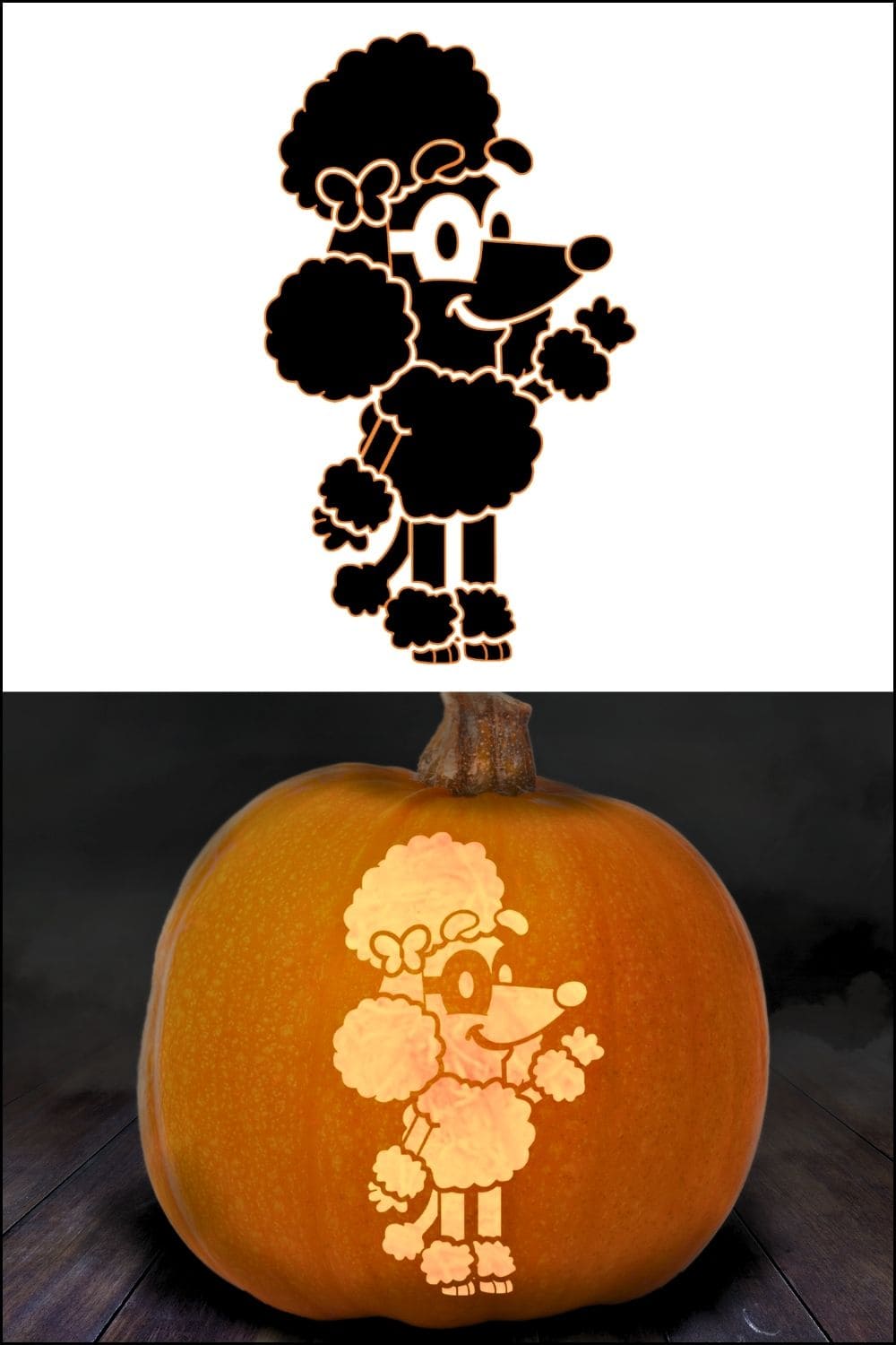 A pumpkin carved with a cartoon poodle design; the top image shows the stencil, similar to popular Bluey pumpkin stencils, and the bottom image displays the glowing carved pumpkin in a dark setting.