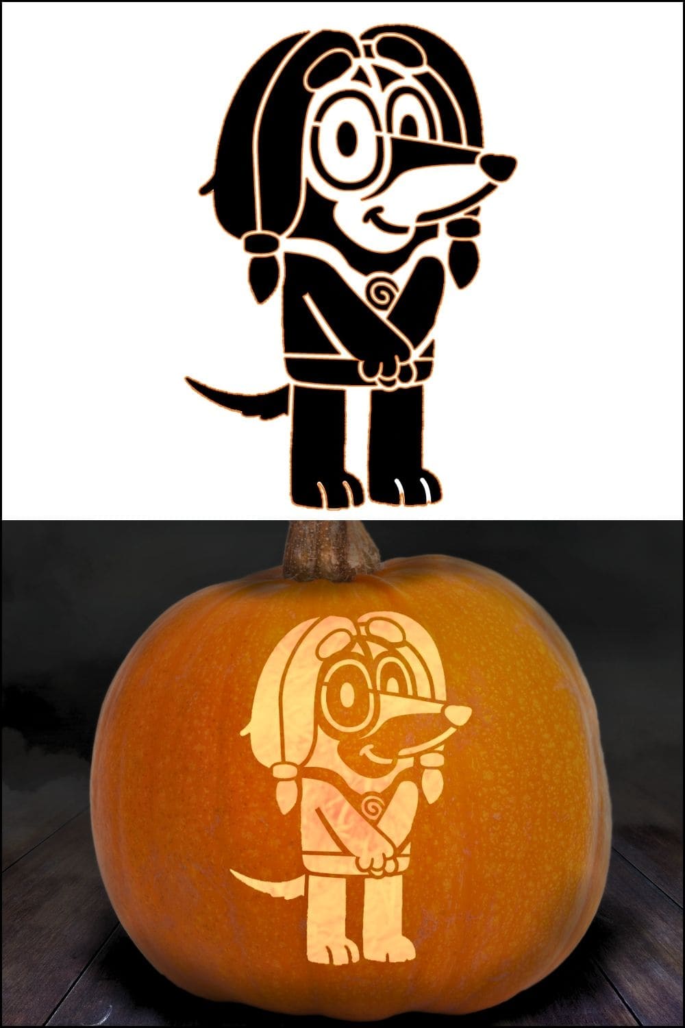 A cartoon dog with glasses and braids, Indy from Bluey, is shown in black and white on top and carved glowing on a pumpkin below, perfect for fans searching for unique bluey pumpkin stencils.