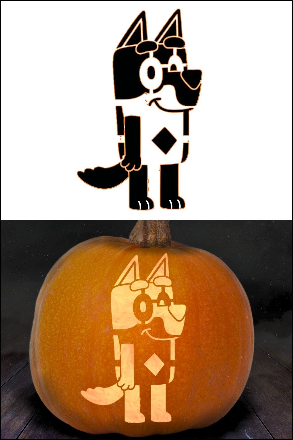 A two-part image shows a cartoon dog stencil—resembling popular bluey pumpkin stencils—on top, and the same design carved and glowing on a pumpkin below.