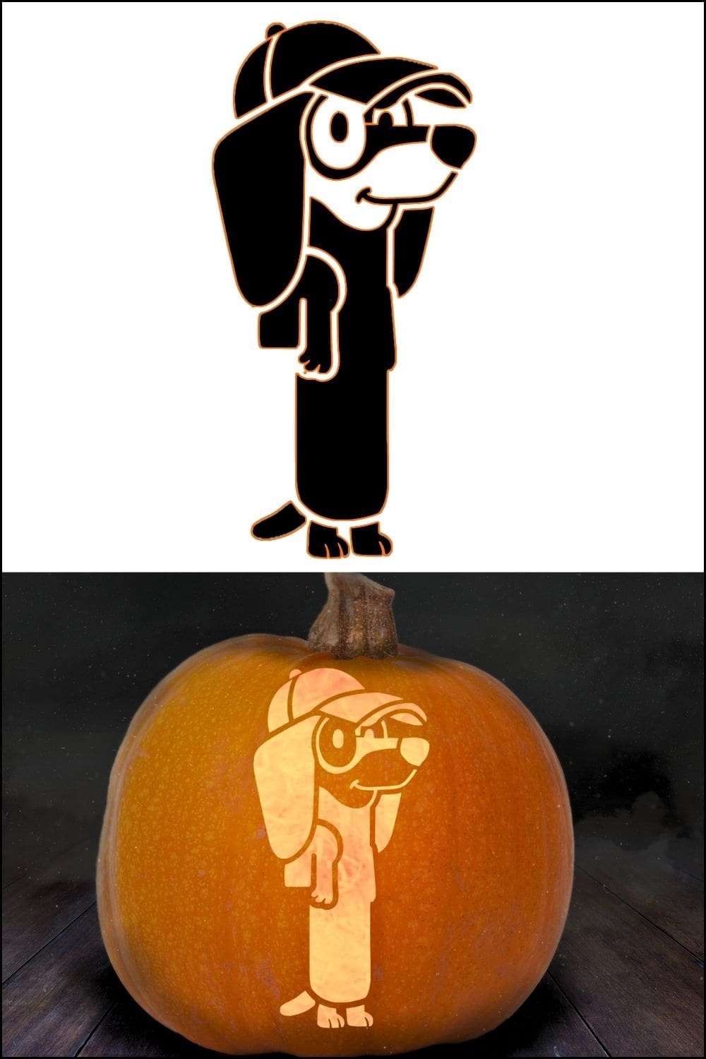 A pumpkin is carved with a cartoon dog wearing glasses, a hat, and a long shirt, closely matching the black and white drawing shown above the pumpkin. The design is inspired by bluey pumpkin stencils, adding a playful touch to this festive decoration.
