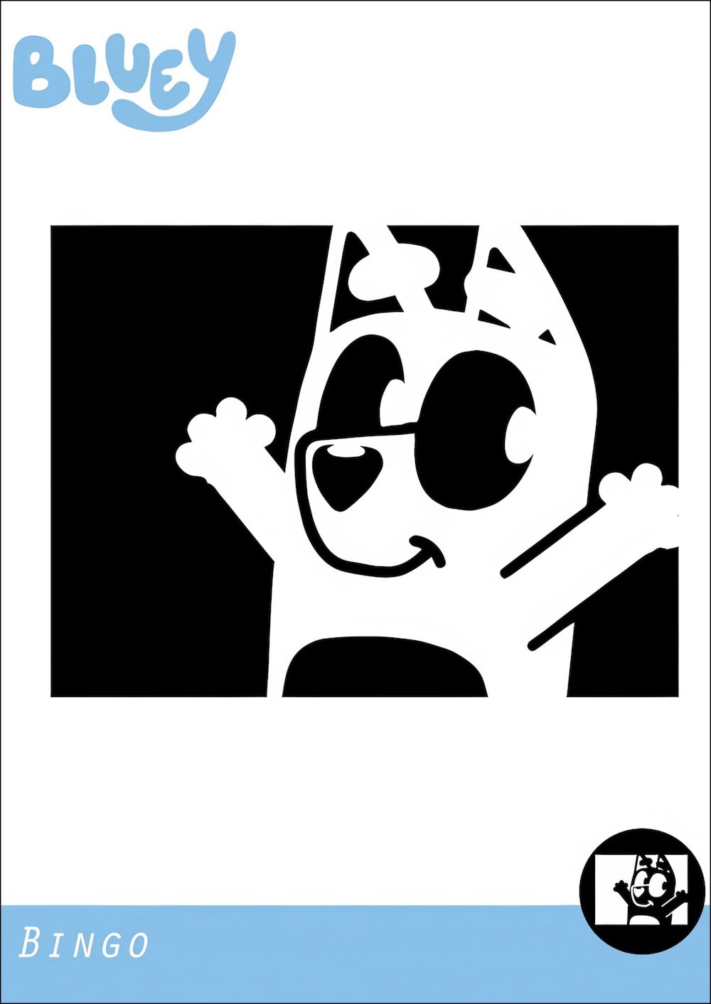 Black and white stencil-style image of Bingo, a cartoon dog from the Bluey series, smiling with arms raised. “Bluey” is written at the top, “Bingo” at the bottom, with a small Bluey logo in the lower right corner—perfect for fans looking for bluey pumpkin stencils.