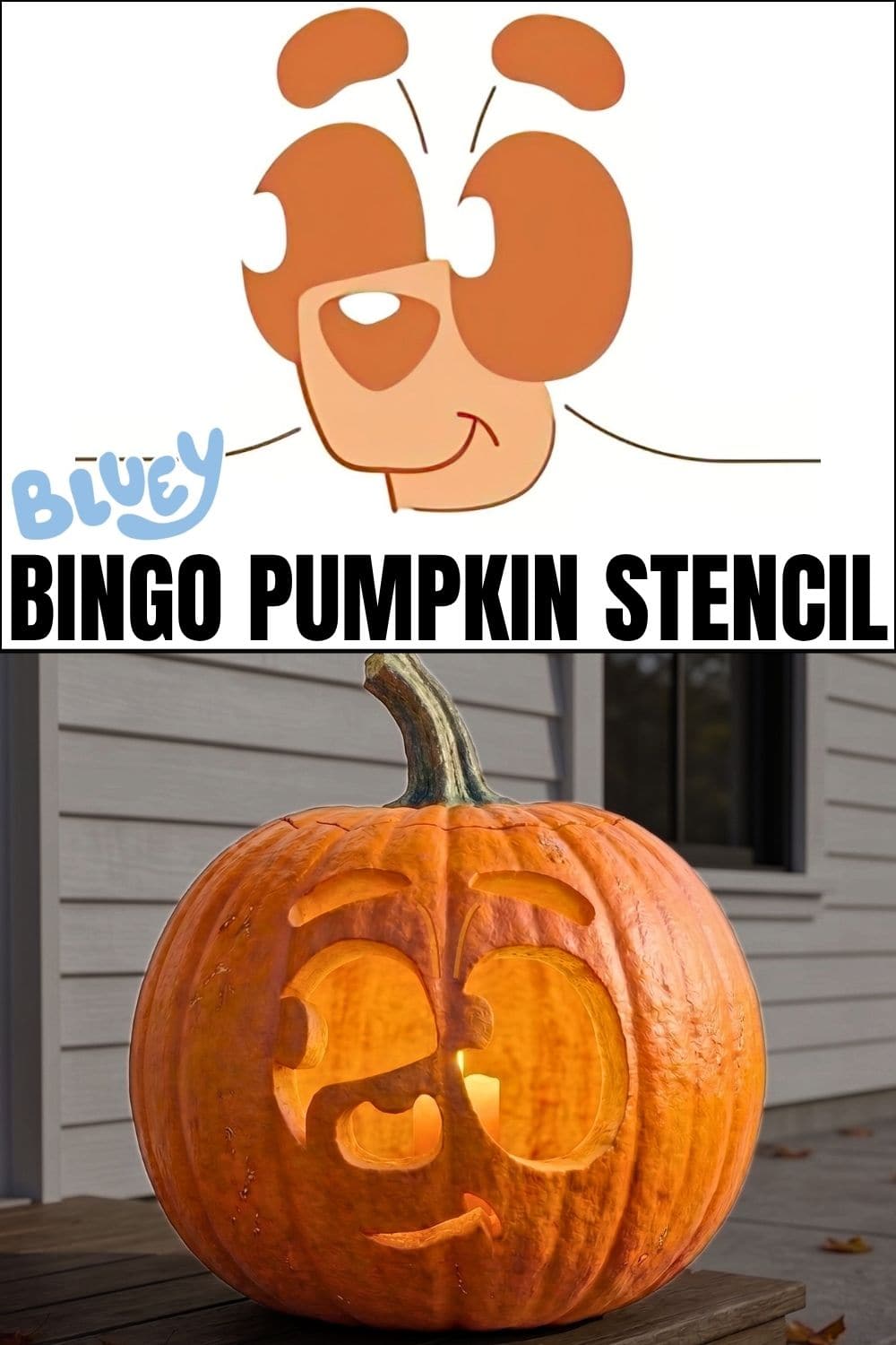 A template of Bingo from Bluey is shown above a pumpkin carved with Bingo’s face, displayed outside on a porch, using one of the popular Bluey pumpkin stencils.