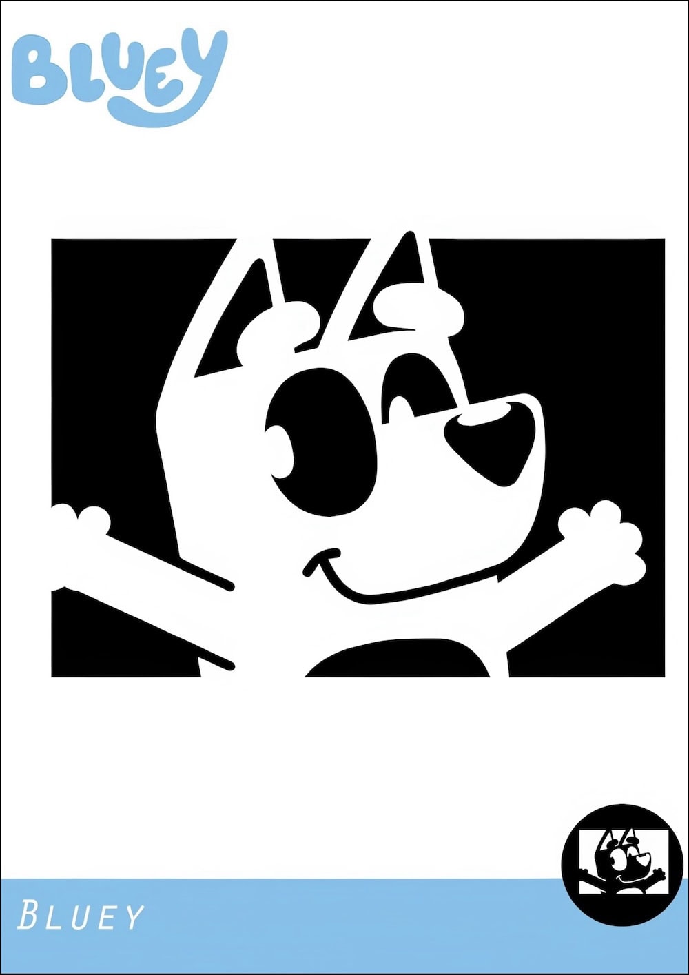 Black and white cartoon image of Bluey, a happy dog with outstretched arms, smiling. The word “Bluey” is at the top left, and a small Bluey icon and name appear at the bottom on a blue and white border—perfect for creating your own unique Bluey pumpkin stencils.