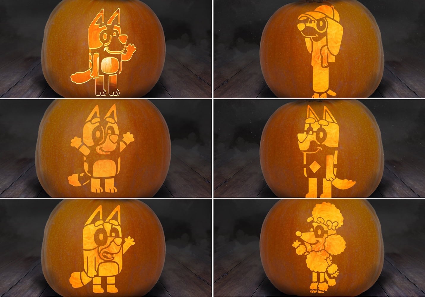 Six pumpkins are carved with different cartoon dog characters using Bluey pumpkin stencils, each standing and waving or holding objects, displayed on a wooden surface with a dark, foggy background.