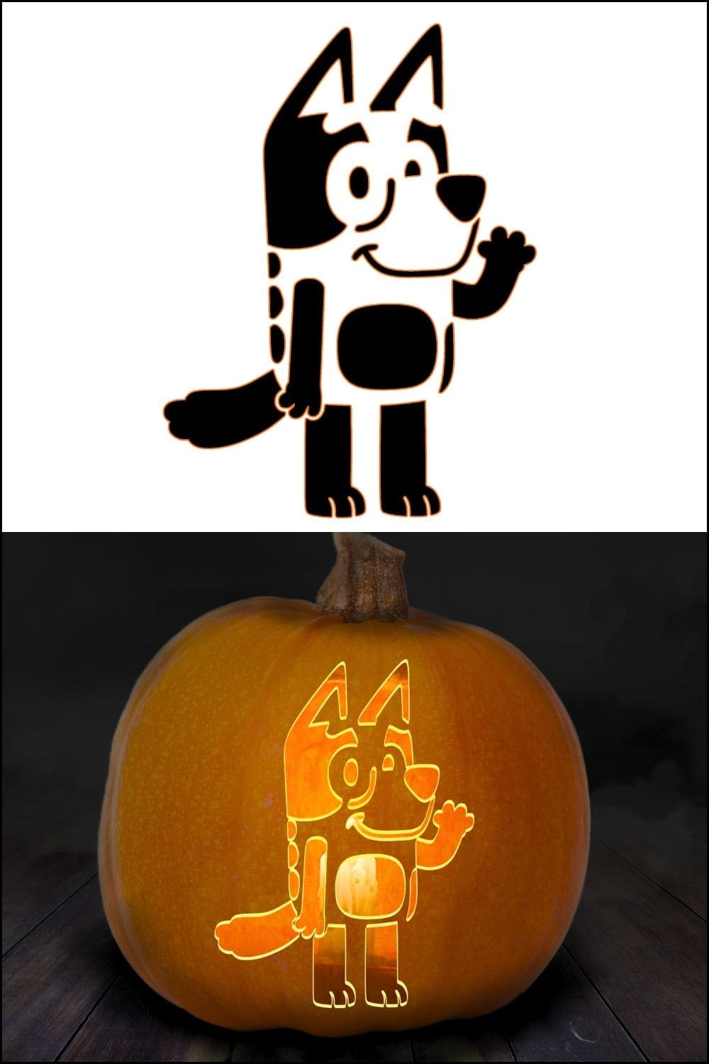 Top: Black-and-white cartoon dog waving. Bottom: Pumpkin carved with the same cartoon dog, glowing from inside using one of the popular bluey pumpkin stencils. Dark background emphasizes the lit pumpkin design.