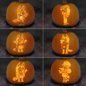 Six pumpkins carved with Bluey cartoon dog characters in various poses, each glowing from within. The designs feature playful, standing dogs with expressive faces, wearing costumes or holding props—perfect inspiration if you’re searching for Bluey pumpkin stencils or fun Bluey printables to make your own festive creations.